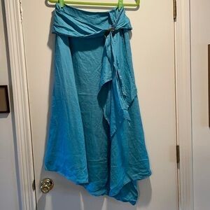 D’STUDIO Turquois Linen Skirt Slit Wooden Button Asymmetrical in Front Vintage